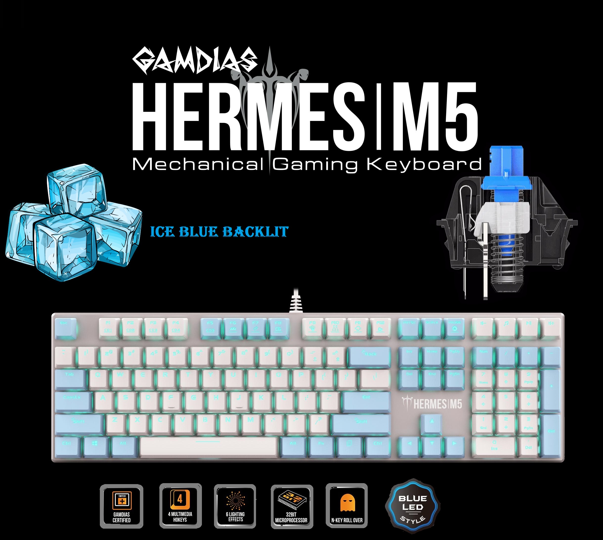 HERMES-M5 Mechanical Gaming Keyboard Blue Switch GAMDIAS Hermes M5 Wired Full-Size Mechanical Gaming Keyboard Blue Switch with 32-bit ARM Cortex Processor