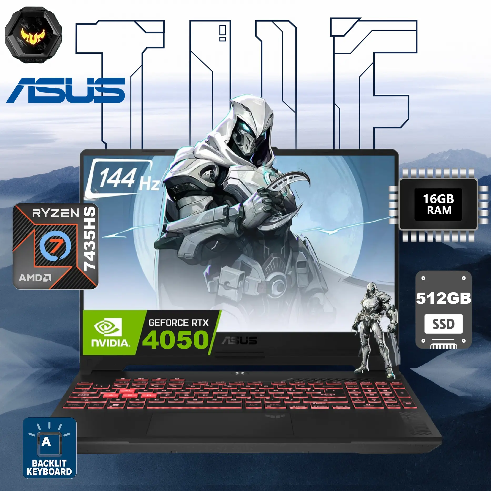 90NR0JP5-M00680 ASUS TUF A15 RTX 4050 16GB DDR5 AMD 7 7435HS  ASUS TUF Gaming A15 AMD Ryzen™ 7 7435HS | 16GB DDR5 RAM ; 512GB NVMe | RTX™ 4050