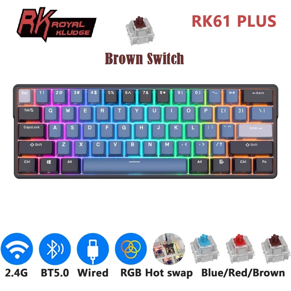 RK61 Plus ROYAL KLUDGE  Tri-mode Connectivity Mechanical Keyboard 2.4G Wireless Bluetooth RGB Backlit 61 Programmable Keys 60% Layout