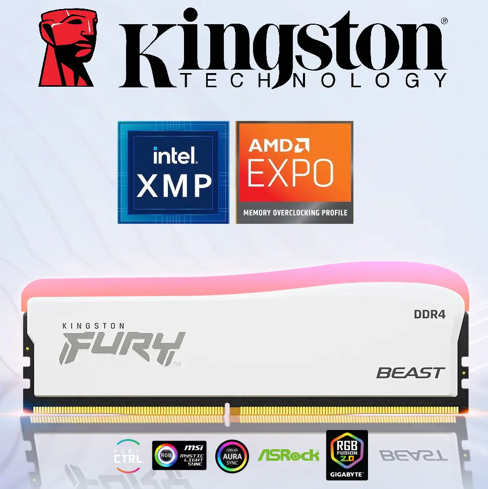 KF432C16BWA/8 Beast WHITE RGB 8GB 3200MTs CL16 DDR4 RAM Kingston Technology Fury Beast RGB Special Edition 8GB 3200MT/s CL16 DDR4 Desktop Memory Single Module