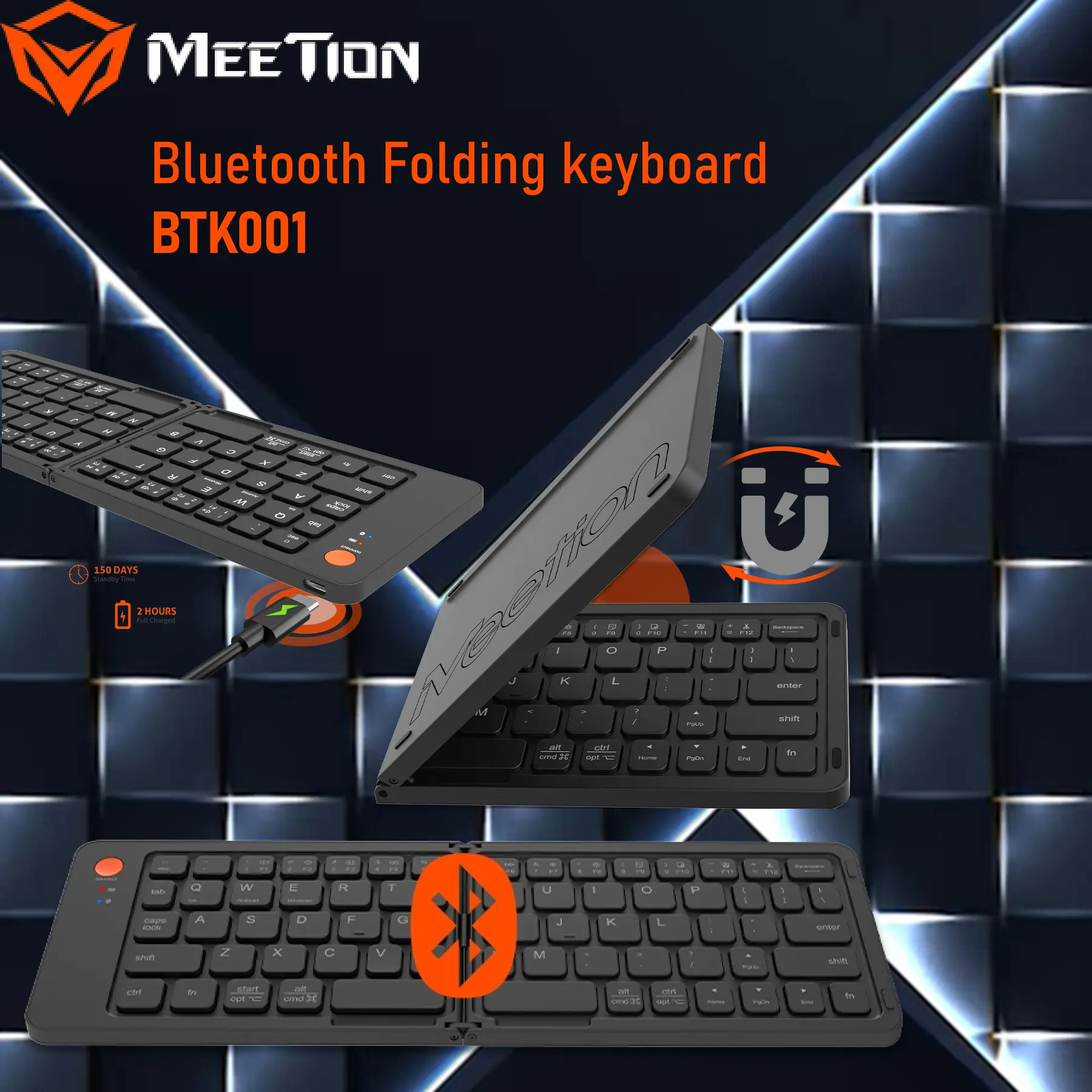 MEETION-BTK001 Compact Bluetooth Folding Keyboard USB C MEETION Compact Bluetooth Folding Keyboard BTK001 with Silent Key Design