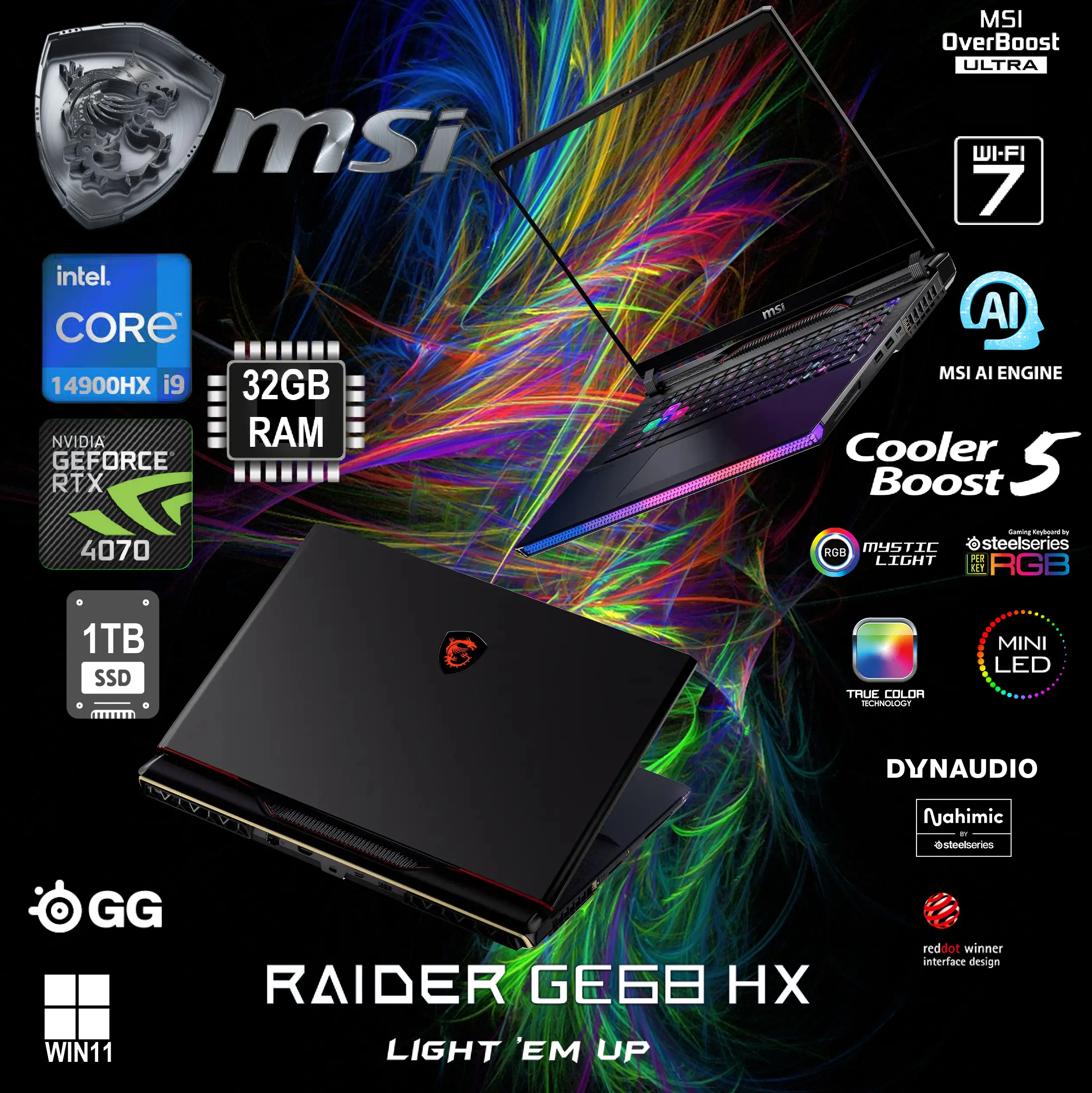 9S7-15M231-287 MSI Raider GE68 HX i9-14900HX RTX 4070 32GB MSI Raider RAIDER GE68 HX 14VGG Intel® Core™ i9-14900HX | 32GB DDR5 RAM ; 1 TB SSD | RTX™ 4070