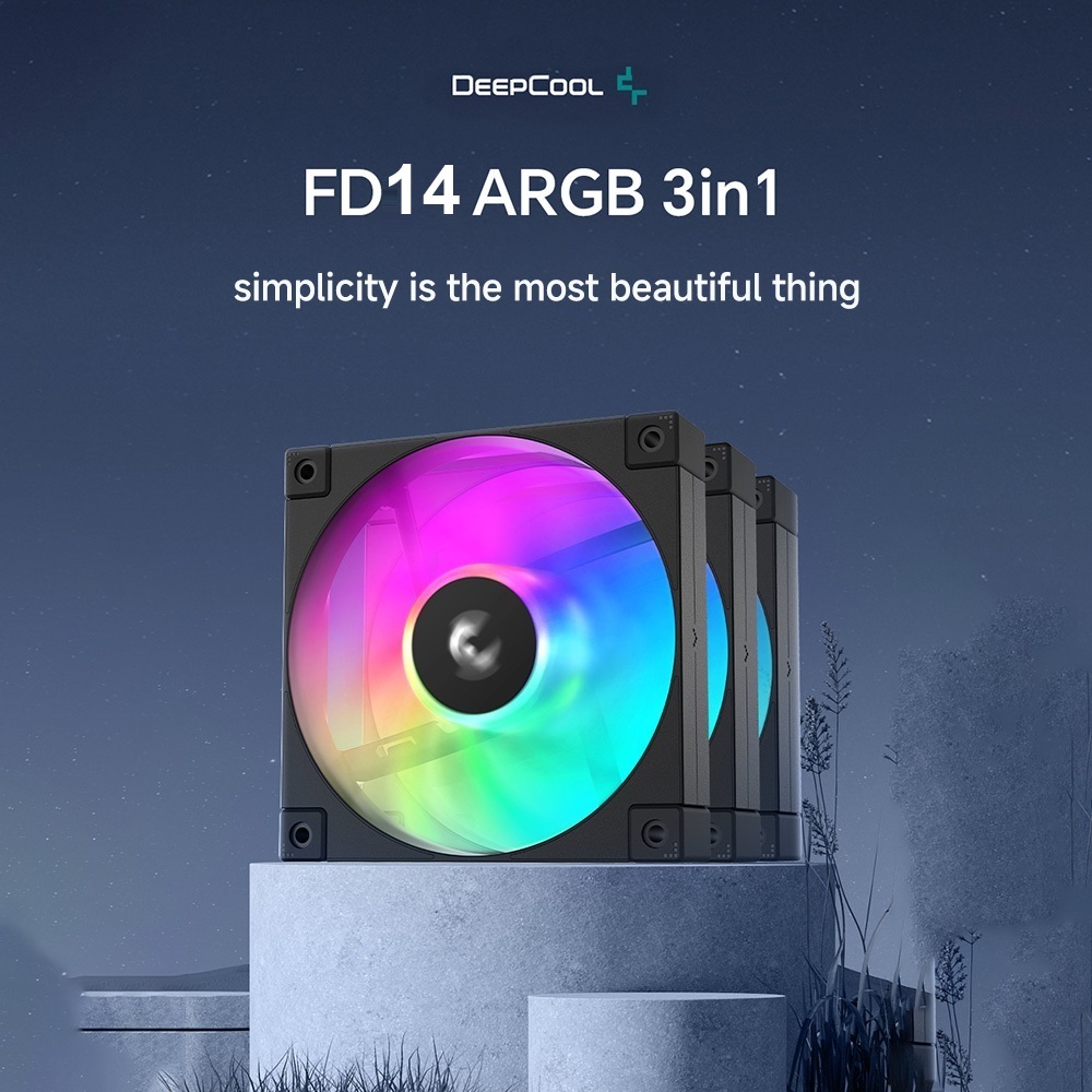 FD14-ARGB-BK-3IN1 Daisy Chain 140mm PWM 4-Pin 3 ARGB Fans DeepCool FD14 WH 140mm 3x FROST WHITE ARGB Fans ; 25.2 dB(A) Noiseless ; High Performance 4-Pin PWM Fan Outfitted With 8-Pin Connection In Frame To Daisy Chain ; Corner Rubber Pads | Pack of 3 Fans