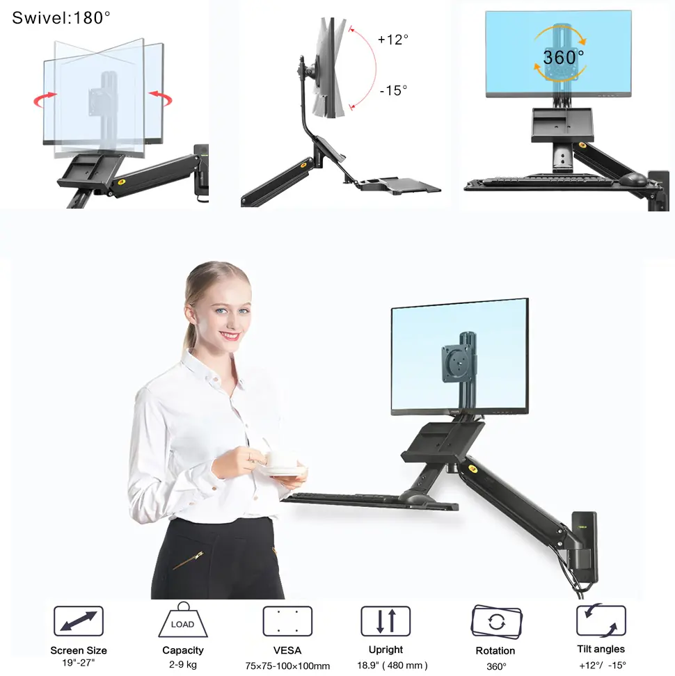 NB-D32-MONITOR-KB NB Sit Stand Workstation Wall Mount 19-27 inch NB North Bayou Sit Stand Workstation Wall Mount Height Adjustable Sit-Stand Converter for 19''-27'' Screens with Keyboard Tray