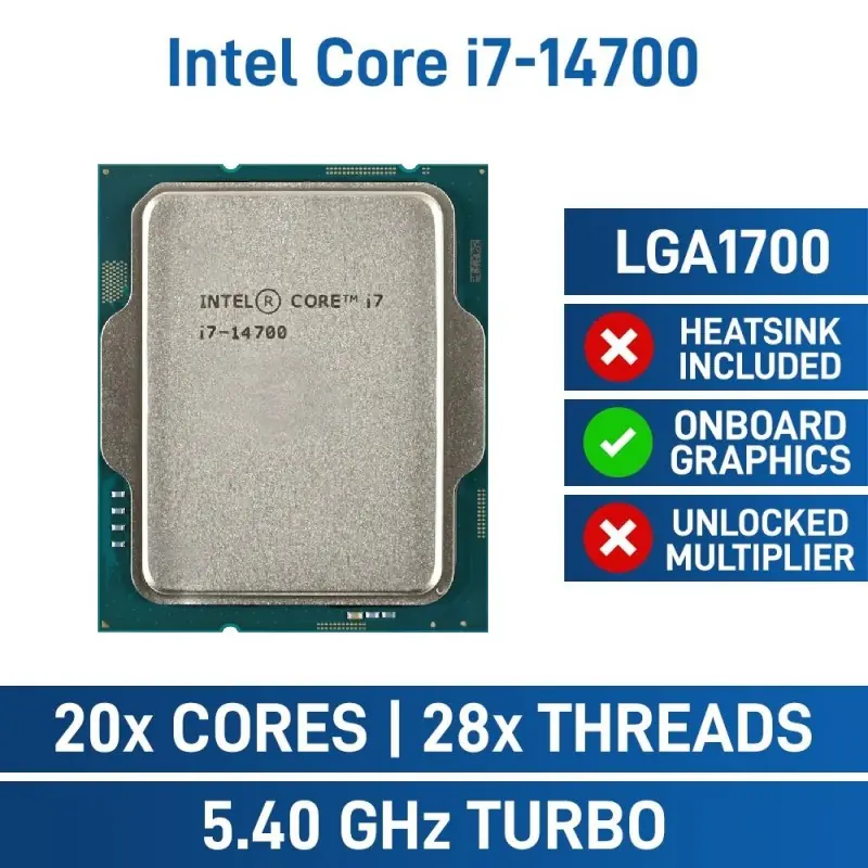 I7-14700-TRAY CPU Intel Core i7-14700 Core i7 14th Gen CPU Intel® Core™  i7-14700 - Core i7 14th Gen Raptor Lake 20-Core (8P+12E) 28-Threads ; LGA 1700 65W TDP ; 5.4 GHz Max Turbo Frequency ; Intel UHD Graphics 770 Processor