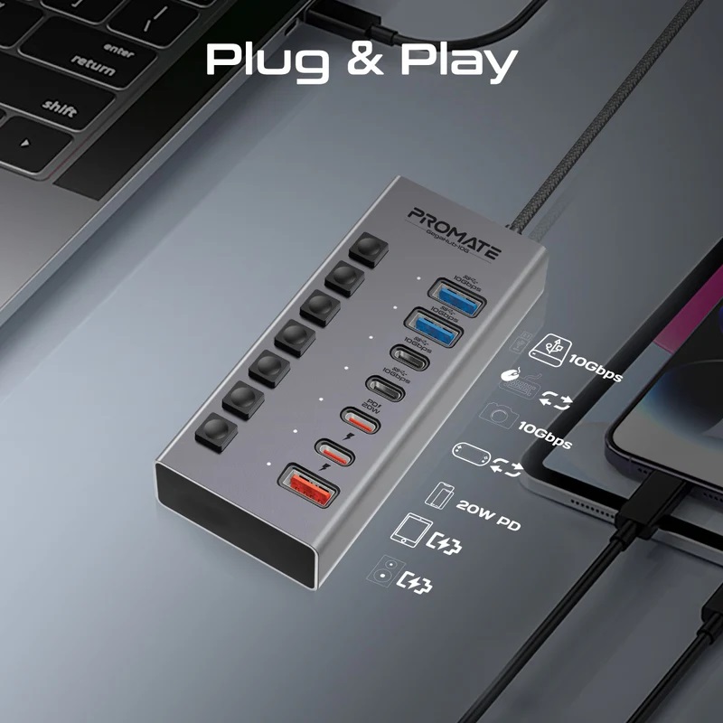 10Gbps Data and Charging Hub Promate GegaHub-10G 7-in-1 High Speed Multi-Ports 10Gbps Data and Charging Hub USB-A & USB-C ports