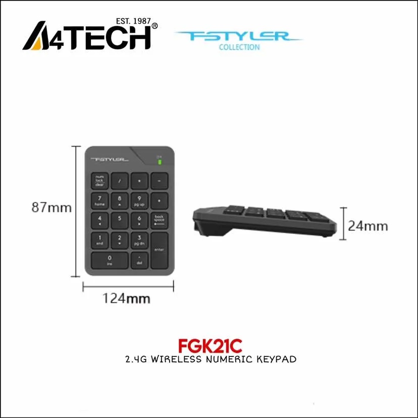 A4TECH FSTYLER FGK21C 2.4G Wireless Numeric Keypad Rechargeable Number pad - Auto-Channel Sort - USB Type-C Charging Cable -18 Low-profile Keys -Windows 7/8/8.1/10/11 Rechargeable 2.4G Wireless Numeric Keypad 