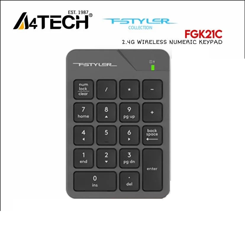 A4TECH FSTYLER FGK21C 2.4G Wireless Numeric Keypad Rechargeable Number pad - Auto-Channel Sort - USB Type-C Charging Cable -18 Low-profile Keys -Windows 7/8/8.1/10/11 Rechargeable 2.4G Wireless Numeric Keypad 