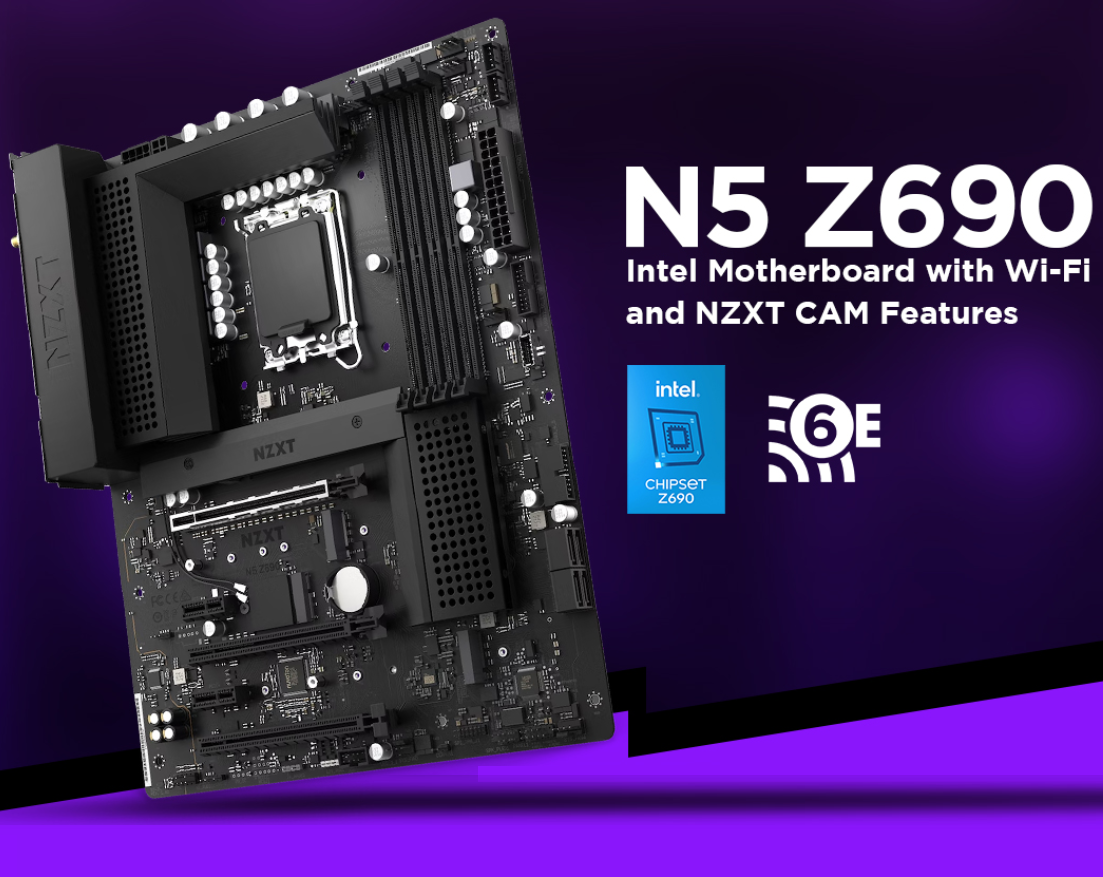 Intel Z690 Chipset ATX Gaming Motherboard NZXT N5 Z690 Motherboard - N5-Z69XT-B1 - Intel Z690 chipset (Supports 12th Gen CPUs) - ATX Gaming Motherboard - Integrated I/O Shield - WiFi 6E connectivity - Bluetooth V5.2 - Black