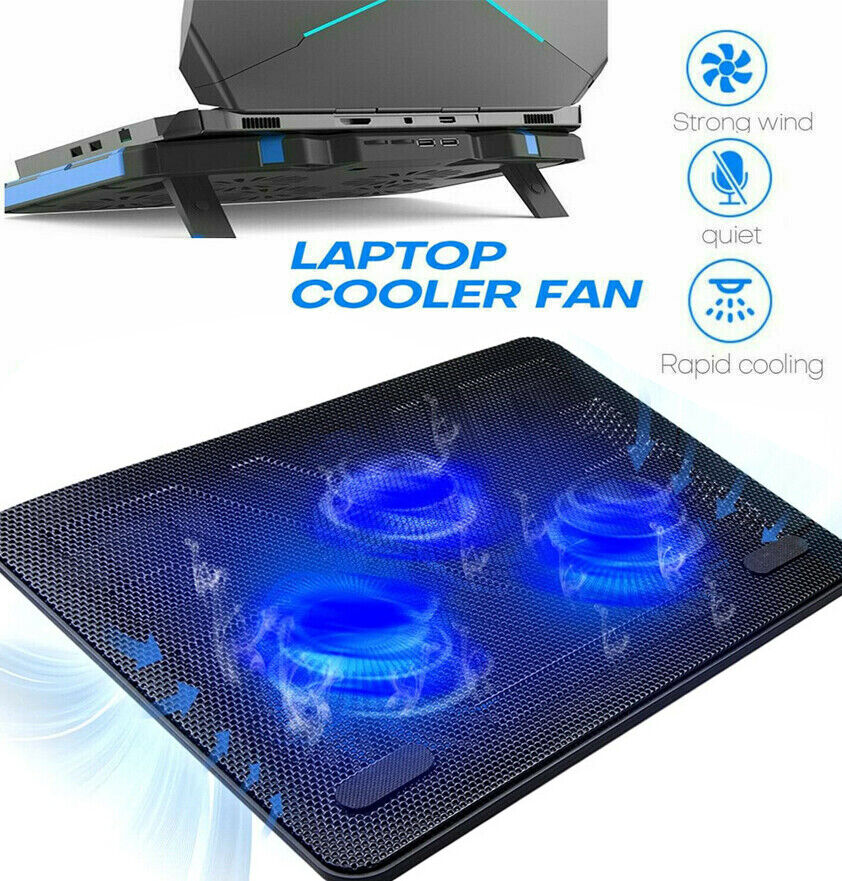 Laptop Cooler Cooling Pad - 2 USB Ports - 3 Fans - Size L380 x W280 x H28 mm - Metal Mesh Surface - Adjustable Hight - Metal Mesh Surface + ABS body - BLACK Laptop Cooler Cooling Pad USB Ports