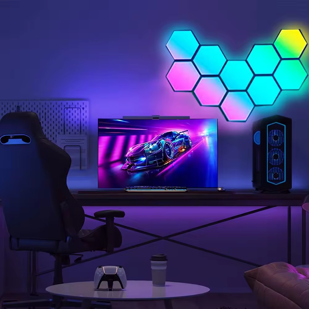 Hexagon LED Lights - DIY RGB Hexagon Wall Decoration Light Panels - USB 5V 2A - APP Remote Control & Manual Remote Control - Music Sync - Gaming Room & Gaming Case  Decoration - 6 Pieces  Hexagon RGB LED Light Panels - Gaming Room Decoration