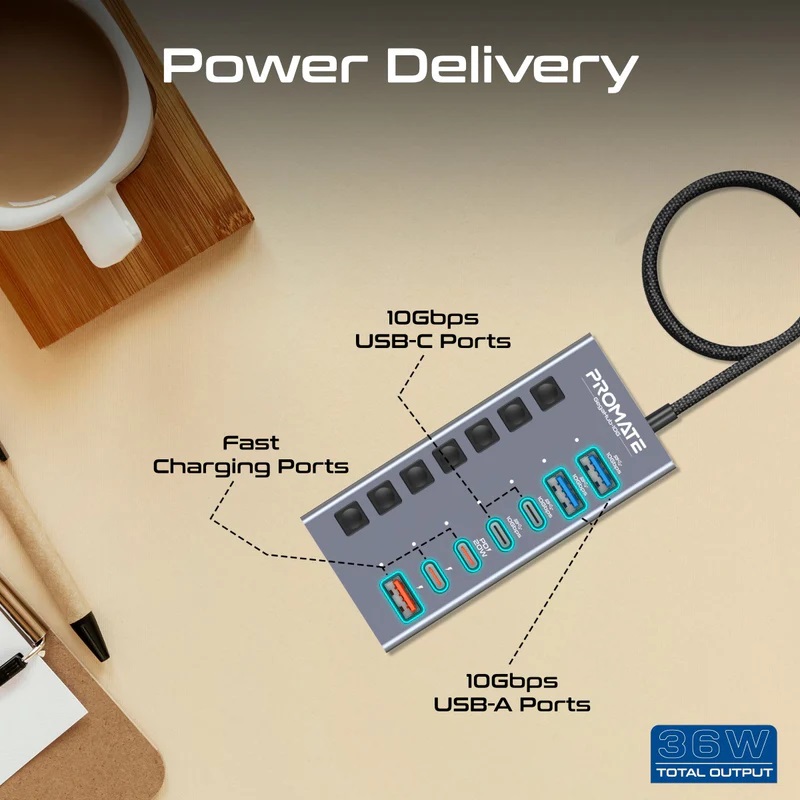 10Gbps Data and Charging Hub Promate GegaHub-10G 7-in-1 High Speed Multi-Ports 10Gbps Data and Charging Hub USB-A & USB-C ports