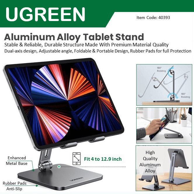 UGREEN-40393 UGREEN Tablet Stand Phone Holder Stable Metal UGREEN Tablet Stand Phone Holder Stable Metal Thick Base  for Smart Devices Up to 12.9" Angle Adjustable