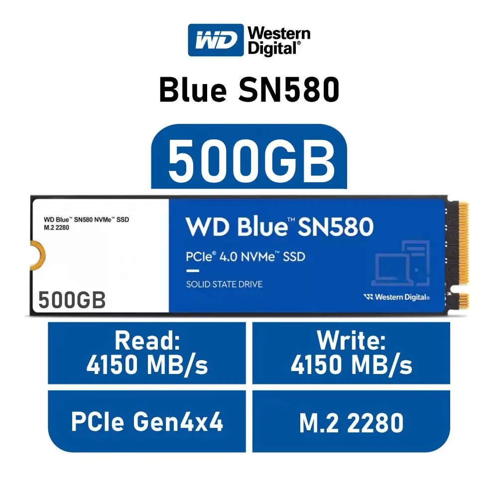 WDBWMY5000ABL-WRSN SN580 500GB Internal NVMe SSD 4000MBs  Western Digital WD Blue SN580 500GB NVMe Internal Solid State Drive SSD - Gen4 x4 PCIe 16Gb/s