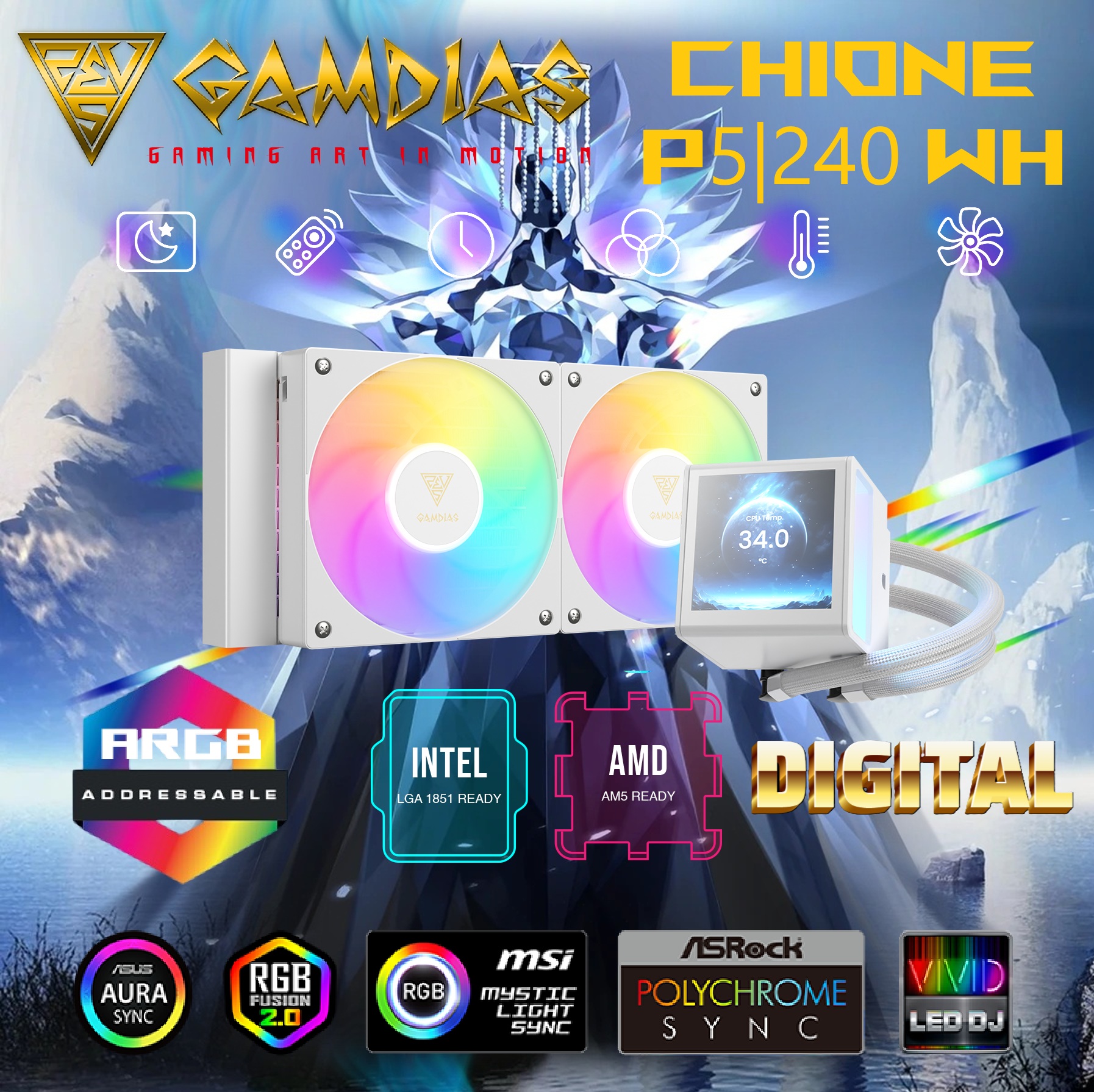 CHIONE-P5-240-WH CHIONE P5-240 AIO ARGB WHITE Liquid Cooler GAMDIAS CHIONE P5-240 WH AIO ARGB Liquid Cooler  – 3.4” IPS LCD