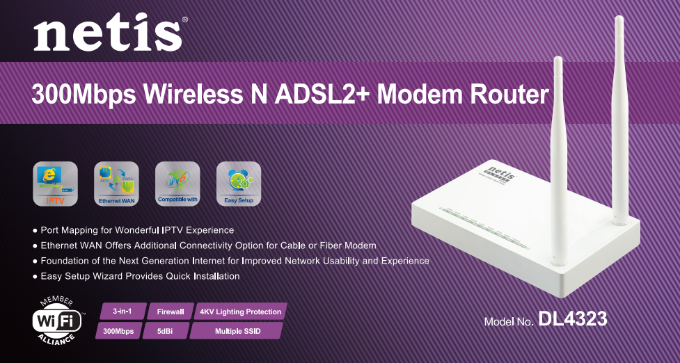 NETIS DL4323 300Mbps High-Speed Wireless N ADSL2 and Modem Router Combo
