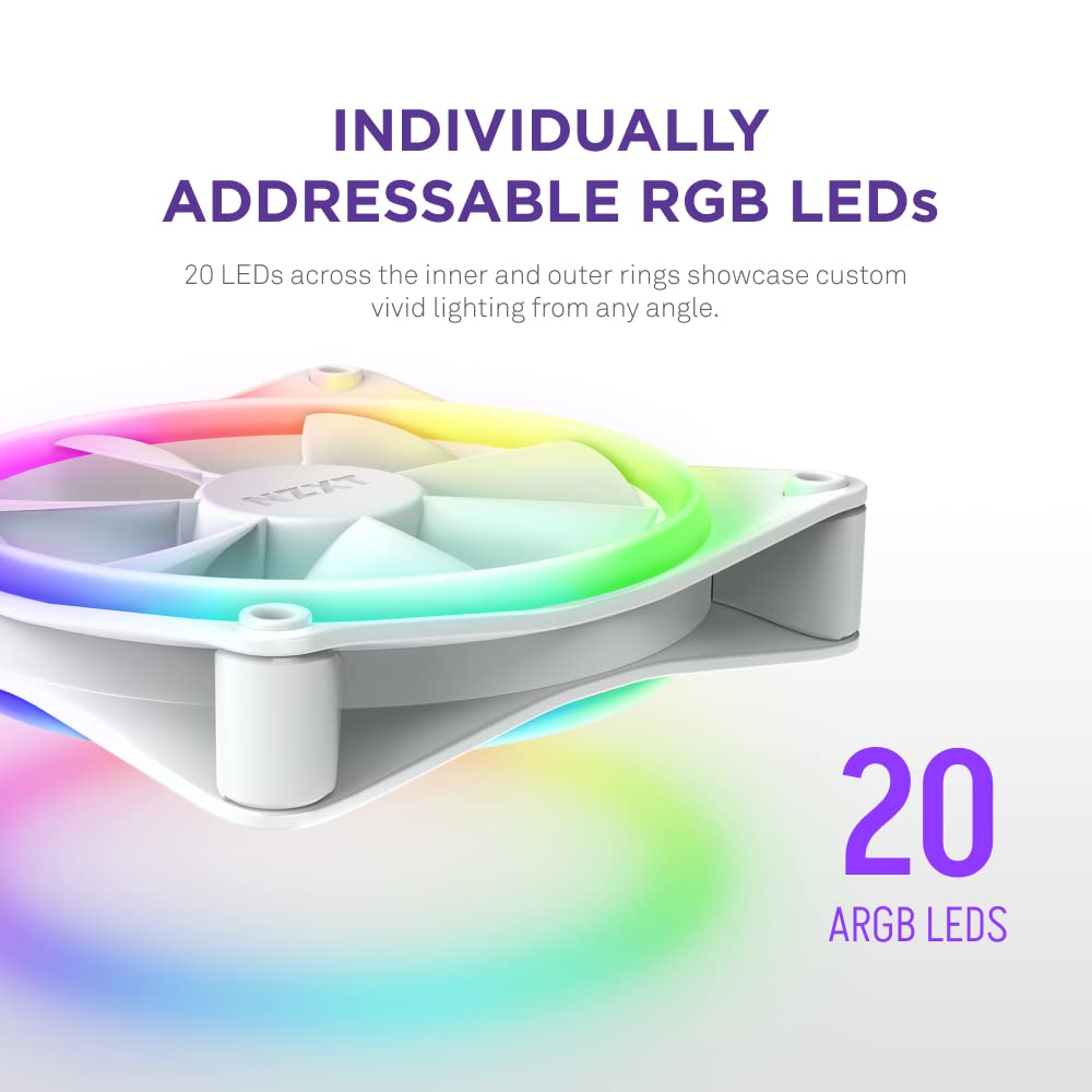 NZXT F120 RGB Duo - 120mm Dual-Sided RGB Fan – 20 Individually Addressable LEDs – Balanced Airflow and Static Pressure – Fluid Dynamic Bearing – PWM Control – Anti-Vibration Rubber Corners – White
