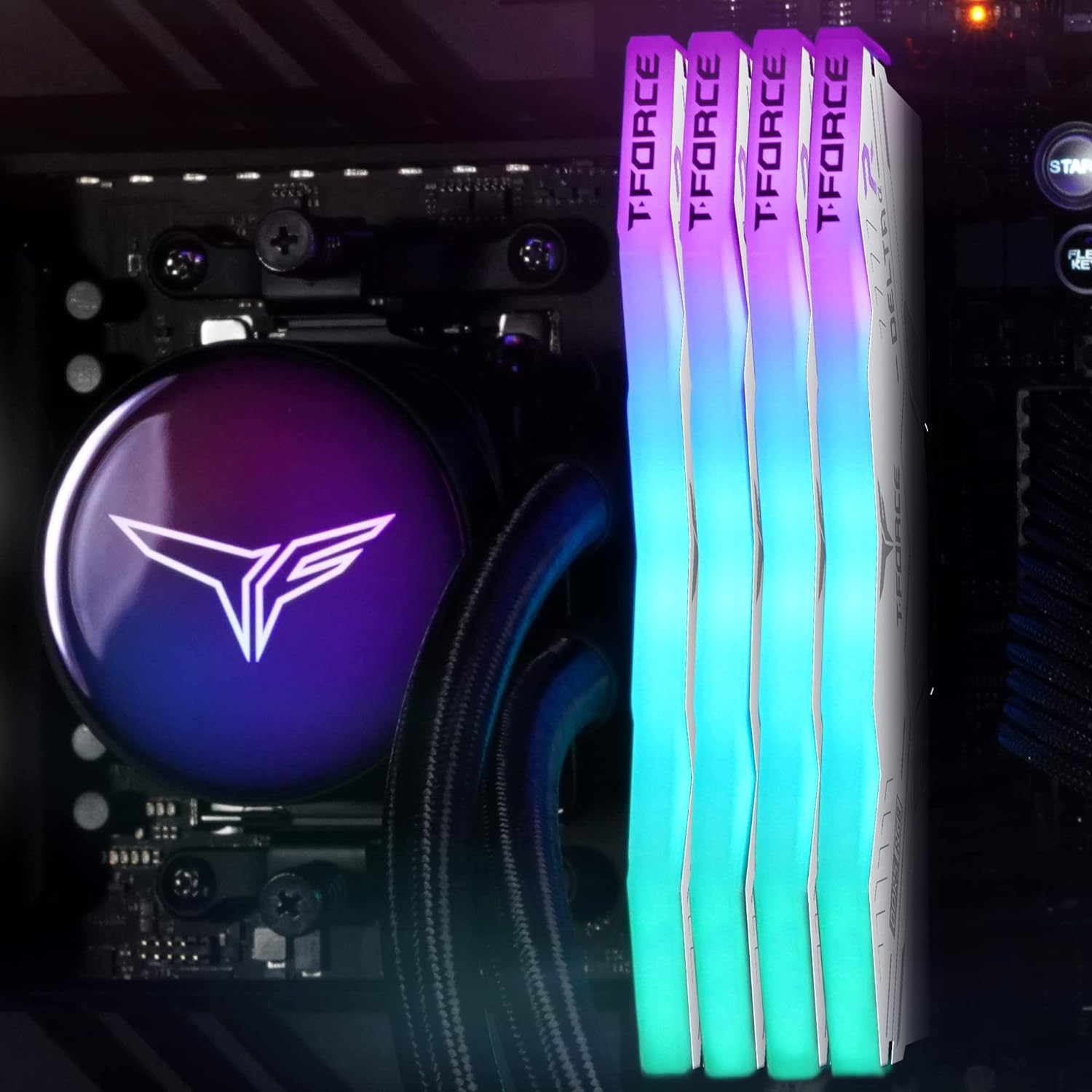 FF8D532G5600HC40BDC01 Alpha RGB DDR5 AMD WHITE Ram 32GB Kit 5600MHz TEAMGROUP T-FORCE DELTA Alpha RGB DDR5 Ram 32GB Kit (2x16GB) 5600MHz CL40 1.2V AMD Expo Compatible Desktop Memory Module Ram - White - FF8D532G5600HC40BDC01