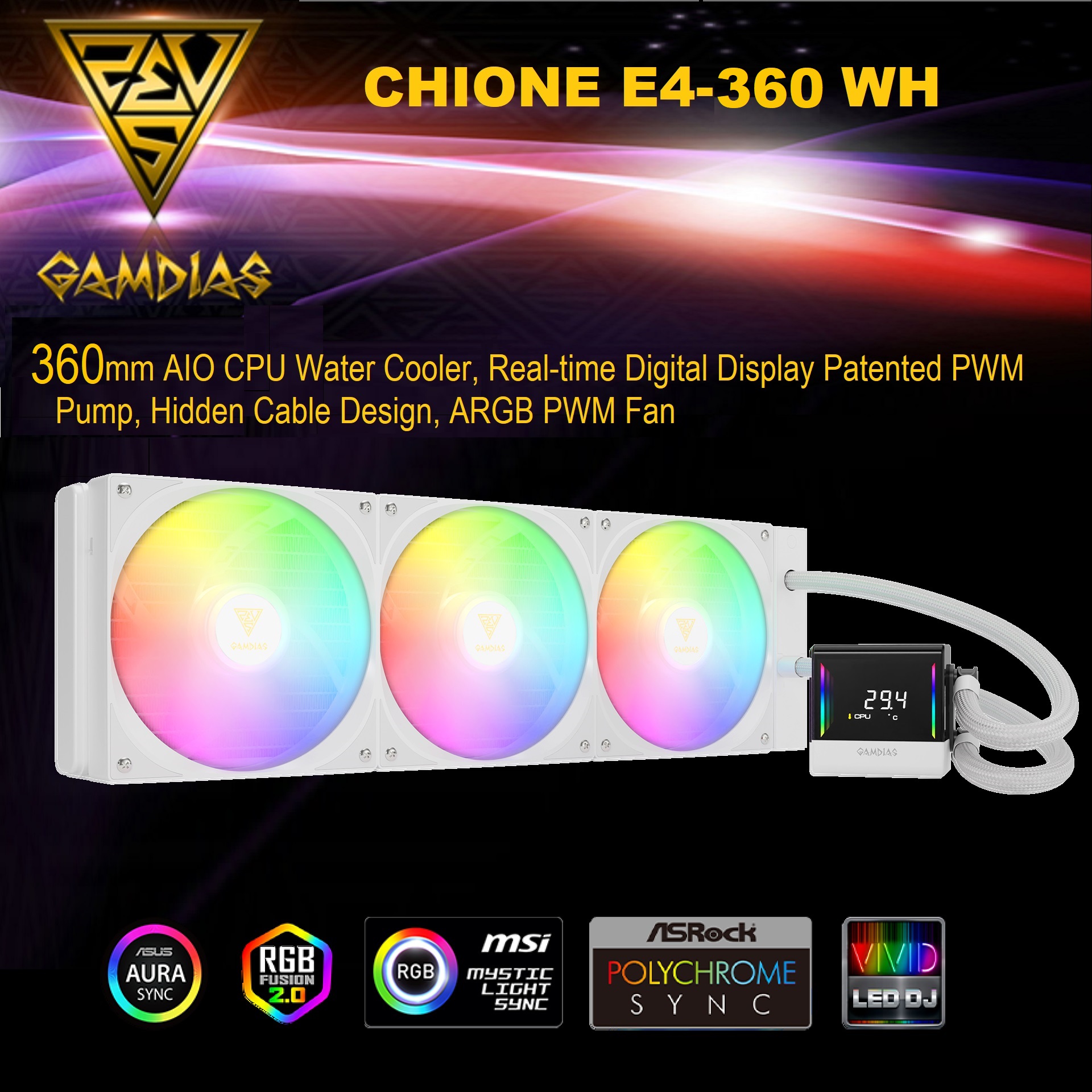 CHIONE-E4-360-W CHIONE E4 360 AIO ARGB WHITE CPU Liquid Cooler GAMDIAS CHIONE E4 360mm AIO ARGB CPU Liquid Cooler