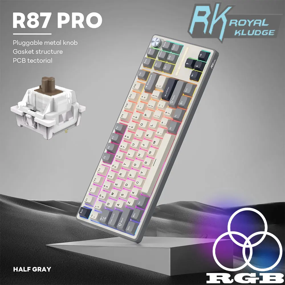 RKR87PRO-GREY-BROWN ROYAL KLUDGE RKR87 PRO 88KEYS / BROWN SWITCH / HALF GREY RGB WIRED SWAPPABLE KEYBOARD RK ROYAL KLUDGE R87 Pro Wired Gaming Keyboard Gasket Mechanical Keyboard RGB Hot Swappable Knob Backlit Gaming Keyboard 88 Keys TKL Gasket Mounted Custom Keyboard with QMK/VIA Brown Switch