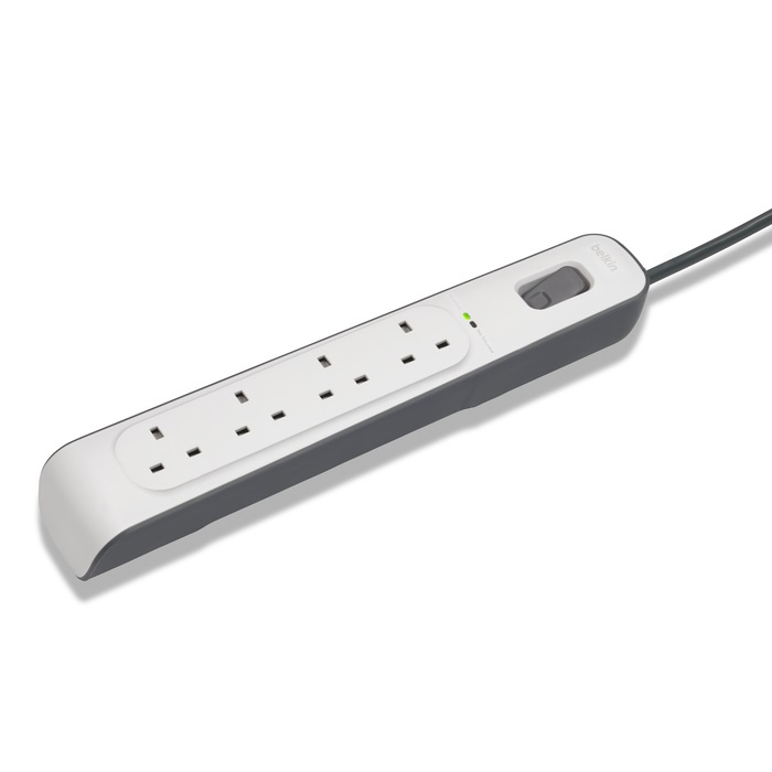 BSV400AF2M belkin 4 Outlet Surge Protection Power Strip belkin 4-outlet Surge Protection Power Strip with 2M Cord - UP TO 525 JOULES PROTECTION - UNEFFECTED BY SPIKES AND FLUCTUATIONS - THREE-LINE AC SAFETY - Damage Resistant Housing - White Grey